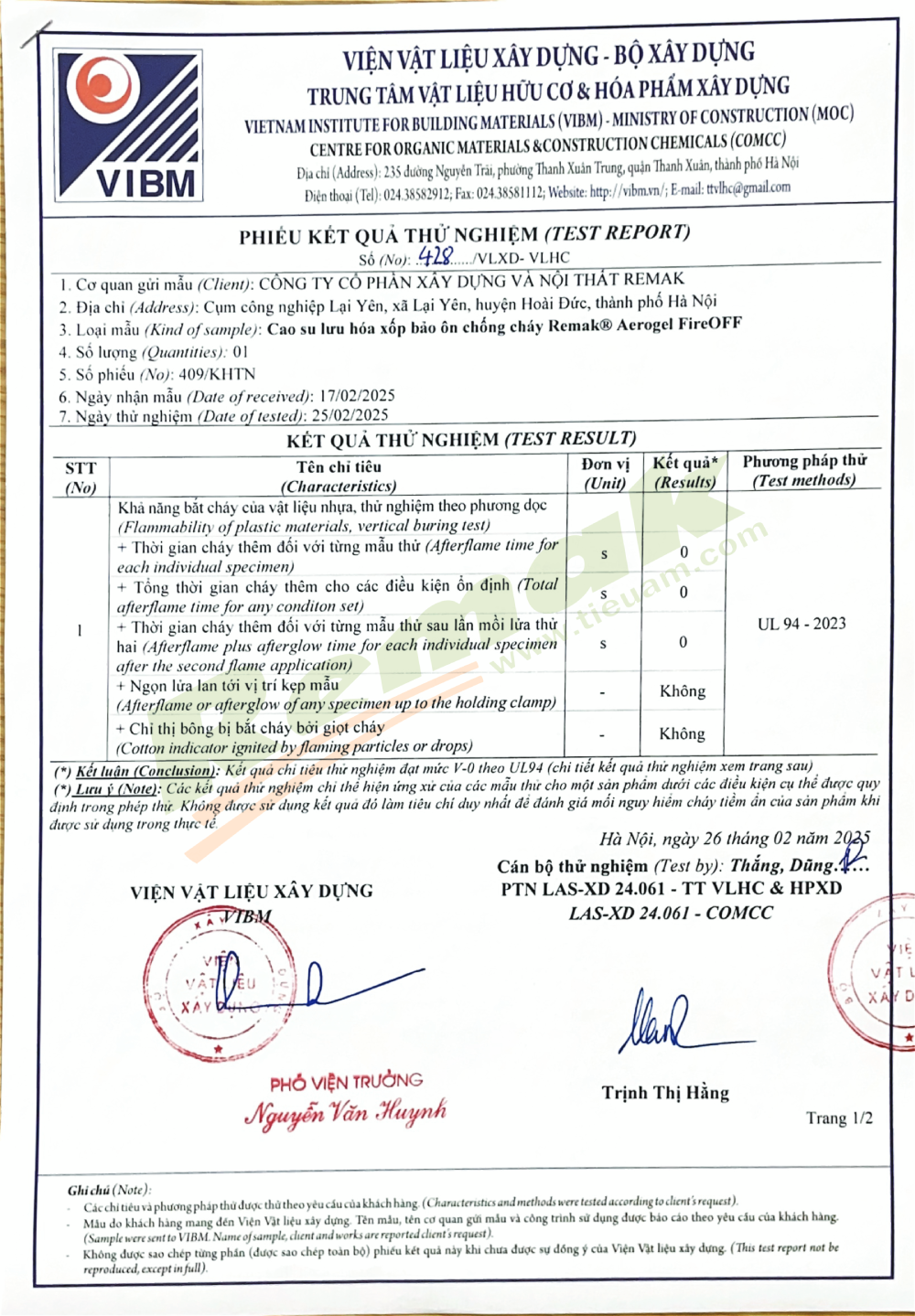 Chứng chỉ kiểm định khả năng chống cháy cao su lưu hóa Remak® Aerogel